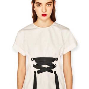 Zara White Tee with Black Lace-Up Accent